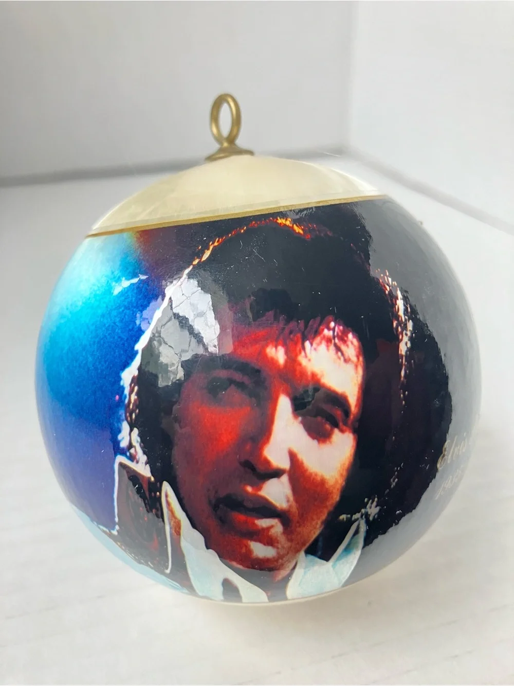 Vintage Elvis Presley Memorial Christmas Ornament Satin Thread with Photo Ball